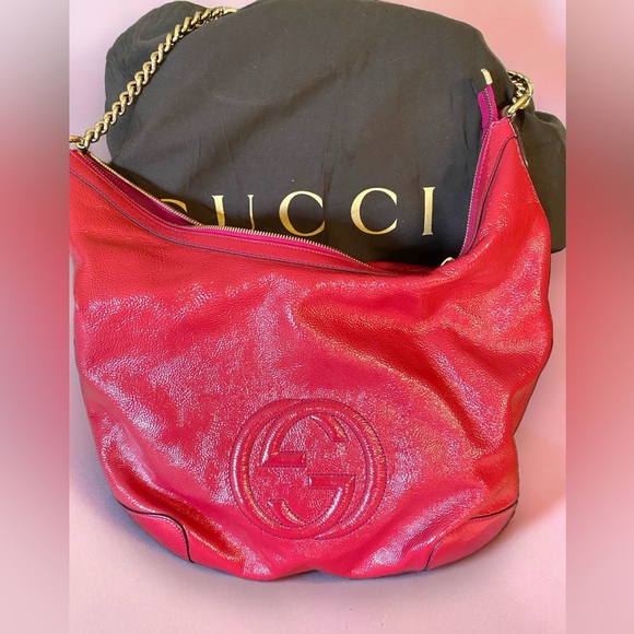 Authentic Gucci Patent Pink Fuchsia Soho Fringe Tassel Chain Tote Bag GORGEOUS! - Picture 2 of 16